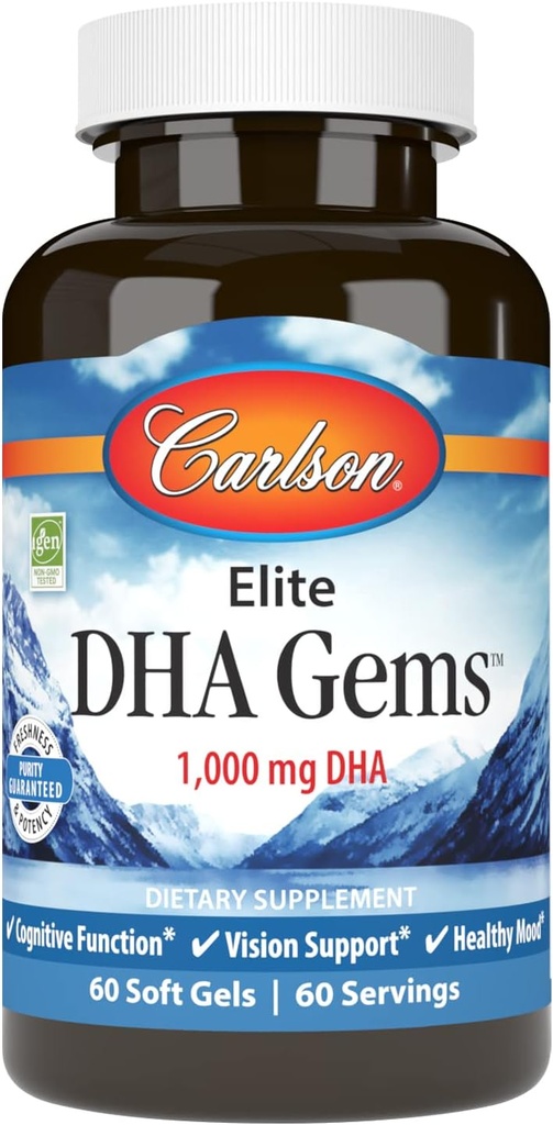 Carlson - Elite DHA Gems, 1000 mg DHA, prise sauvage, source durable, fonction cérébrale et vision saine, 60 softgels