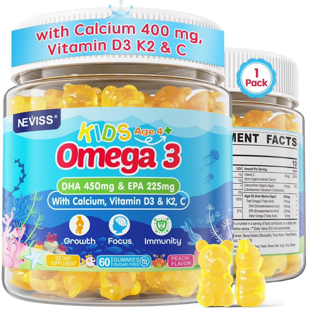 Kinder Omega 3 Gummi + Kalzium 400mg + Vitamin D3 K2 + C, Omega-3 DHA & EPA Supplement - Keine Fische Burps, kein Zucker - Kids & Teens Omḛga 3 + Multivitamin Gummy für starke Knochen, Gehirn, Immun, Auge, 60Cts