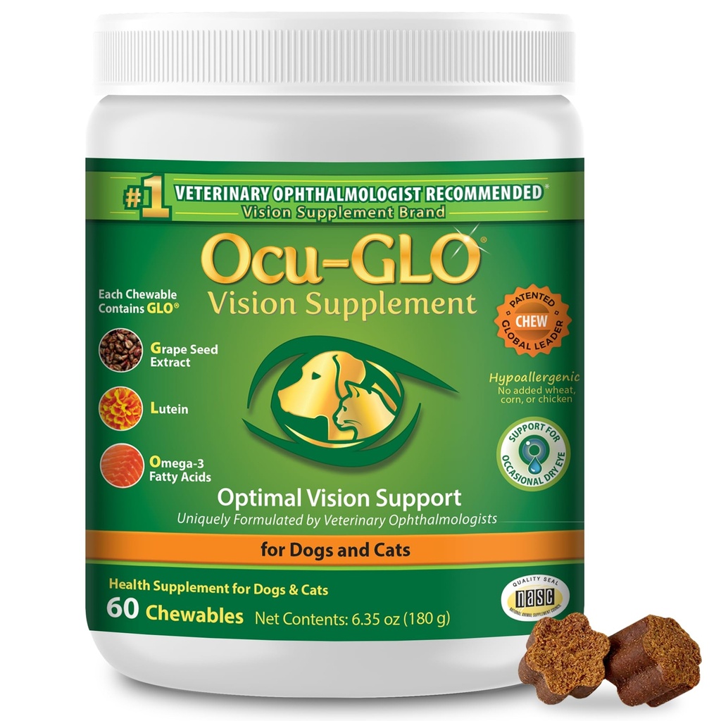 Ocu-GLO Cat & Dog Senior Supplement für Augenunterstützung - Chewable Vision Vitamins Ergänzungen für große und kleine Tiere Pflege mit Lutein, Omega-3 Fettsäuren, Getreide Stuhlextrakt & Antioxidantien