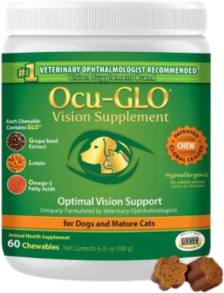 Ocu-GLO Cat & Dog Senior Supplement für Augenunterstützung - Chewable Vision Vitamins Ergänzungen für große und kleine Tiere Pflege mit Lutein, Omega-3 Fettsäuren, Getreide Stuhlextrakt & Antioxidantien