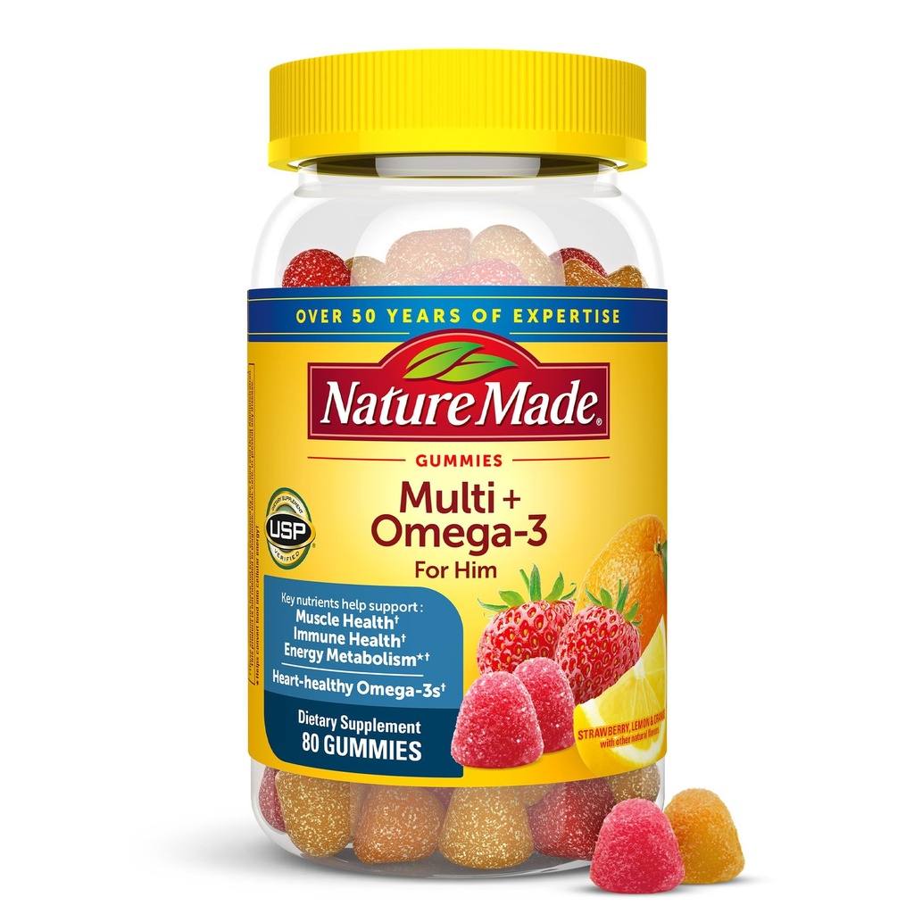 Multivitamines masculines faites de nature avec Omega-3, Multivitamines gommy masculines pour un soutien nutritionnel quotidien, 80 vitamines gommy et minéraux, 40 jours d'approvisionnement