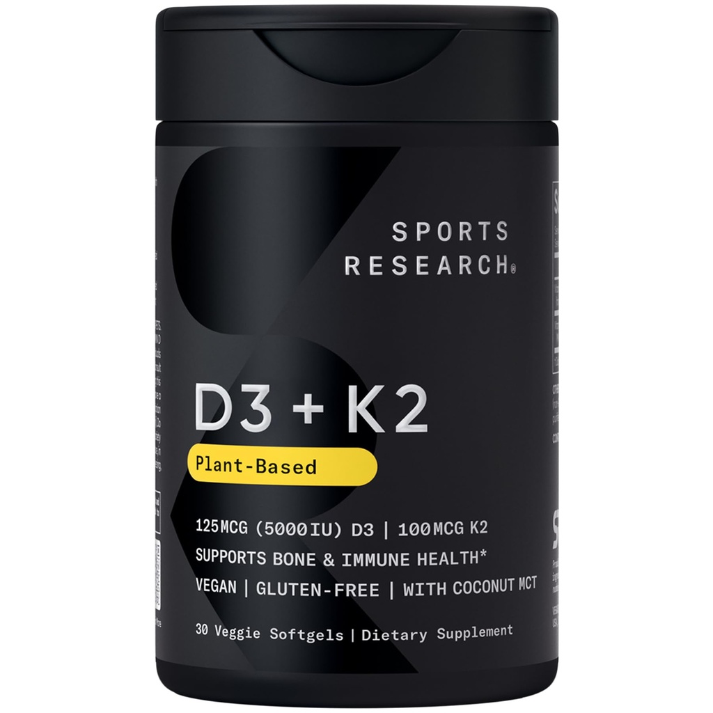 Sportforschung Vegan Vitamin D3 + K2 Beilage mit Bio Kokosöl - 5000iu Vitamin D mit 100mcg Mk7 Vitamin K - Unterstützt Kalzium für stärkere Knochen & Immungesundheit - 30 Softgel für Erwachsene