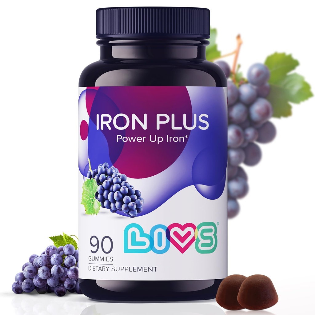 LIVS Eisenergänzung für Frauen und Männer mit Vitamin C, A, B3, B5, B6, B12, Biotin, Zinc & Folate | Non-GMO, Gluten Kostenlose Kauergänzung als Gummy für Energie Boost & Anemia Unterstützung - - 90 Count