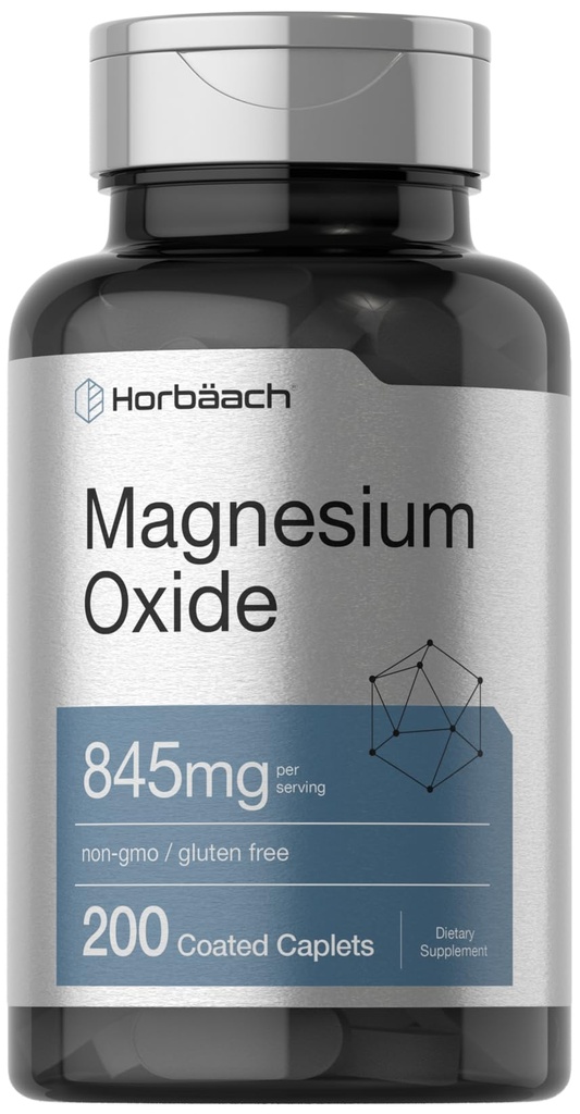Horbäach Magnesiumoxid | 845 mg | 200 Coated Caplets | Vegetarisch, Non-GMO und glutenfreie Ergänzung