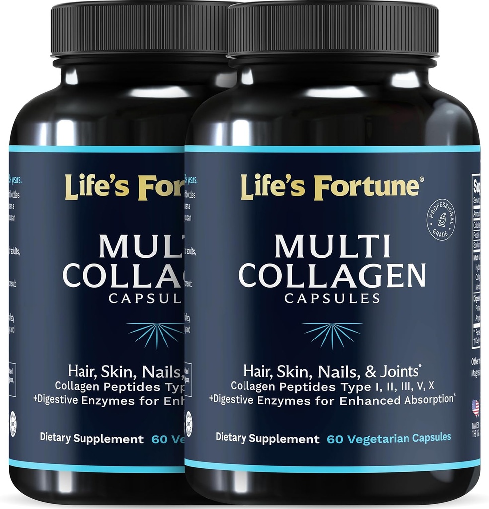 Multi Collagen Peptides Types I, II, III, V & X Hydrolyzed Protein Capsules – Grass-Fed, Blend with Digestive Enzyme – for Skin, Hair, Nails, Joints & Gut Health, Unflavored (60 Count (Pack of 2))