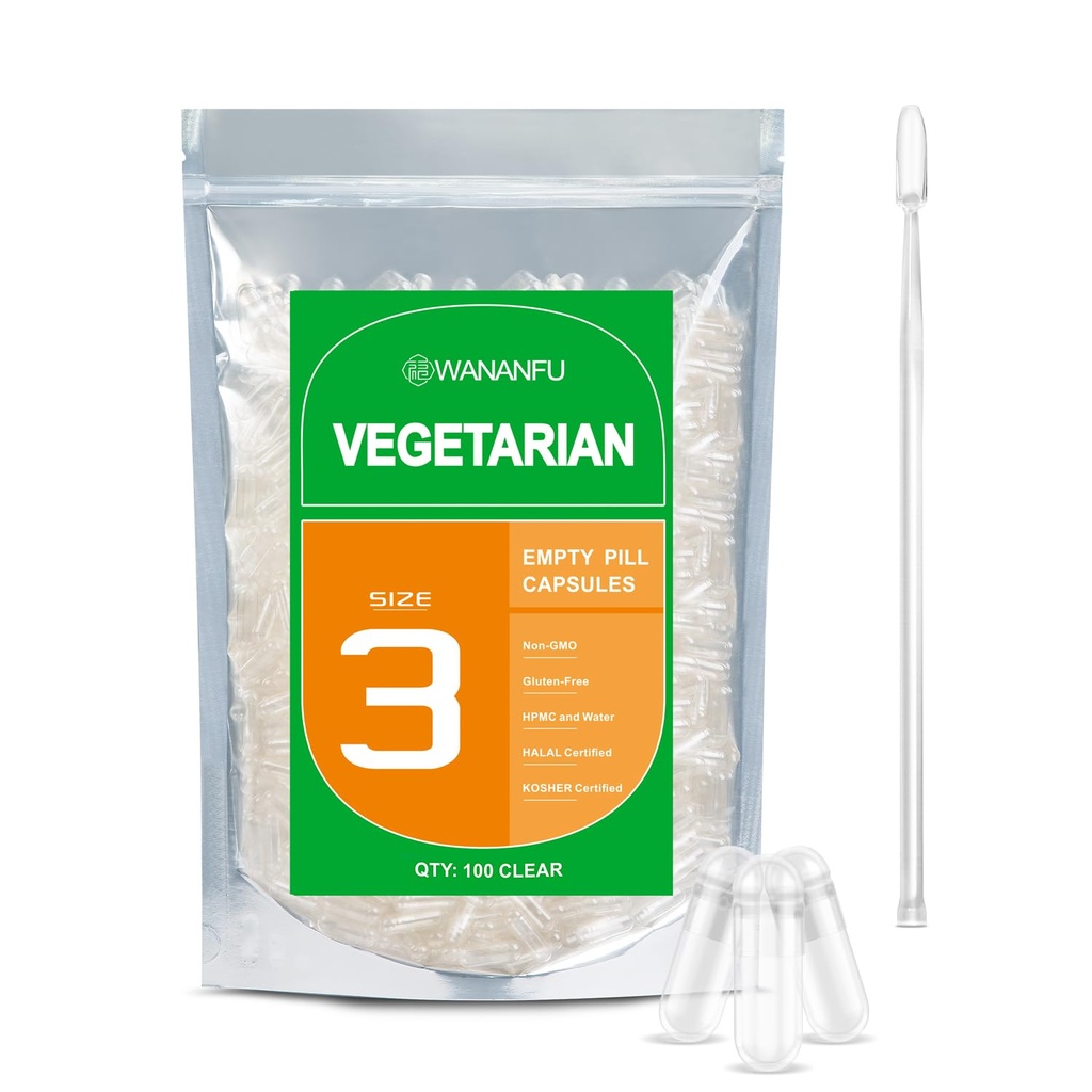 wananfu Taille 3 Capsules vides Végétarien (100 Nombre) Ensemble avec 2 cuillères Micro Lab, Effacer Capsules de pilules Veggie Taille 3 pour faire vos propres suppléments