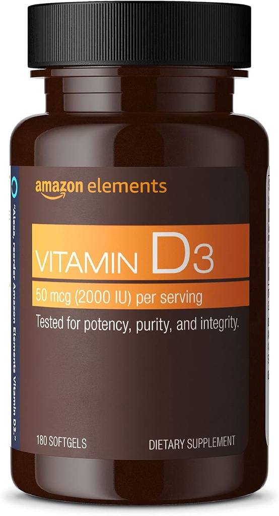 Elemente Vitamin D3, 2000 IU, 180 Softgels, 6 Monate Versorgung (Verpackung kann variieren), Unterstützt starke Knochen und Immungesundheit