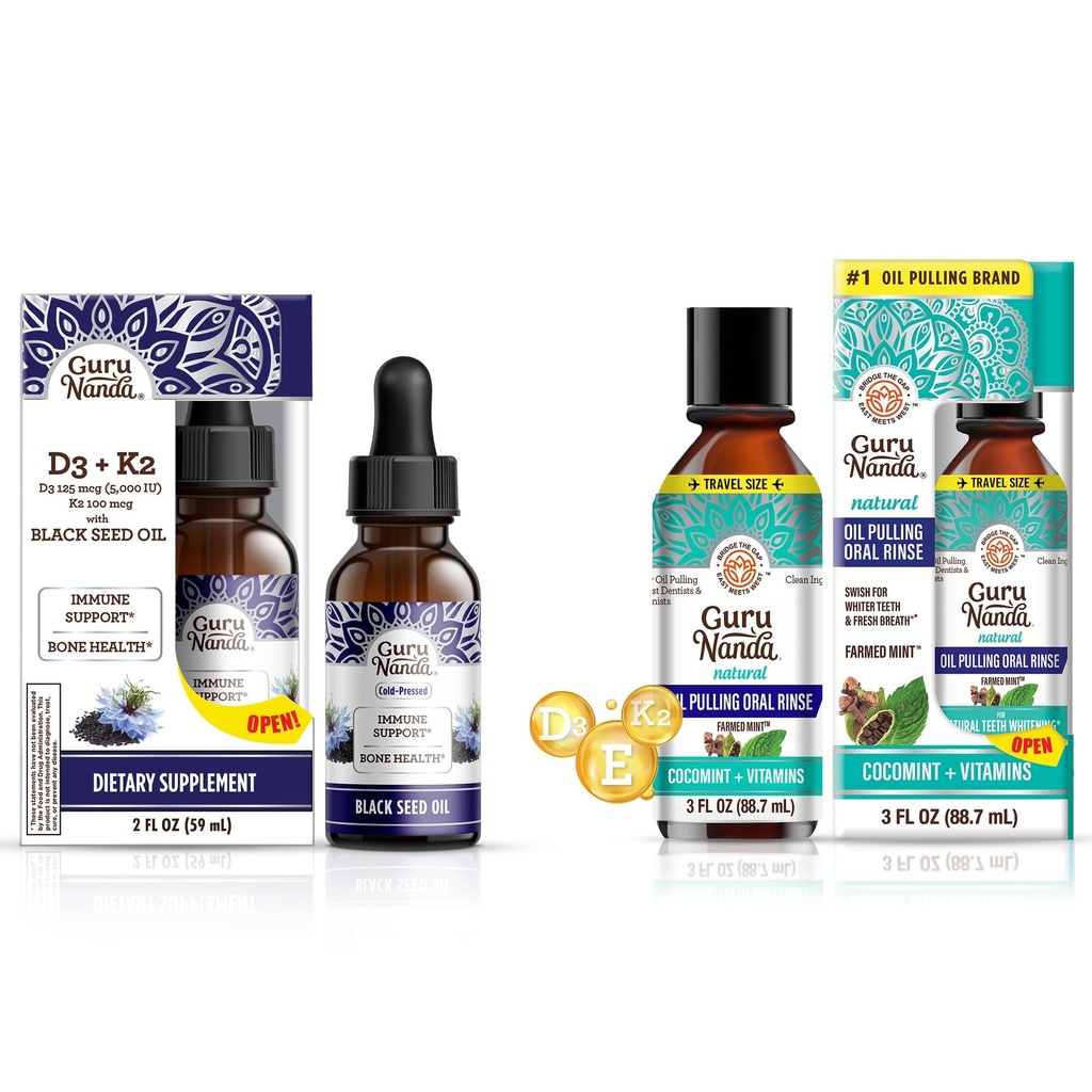 GuruNanda Black Seed Oil 5000 IU Vitamin D3, K2 & E + Kokosöl Pulling mit ätherischen Ölen Vitamin D3, E, K2 für Immununterstützung, Mundhygiene