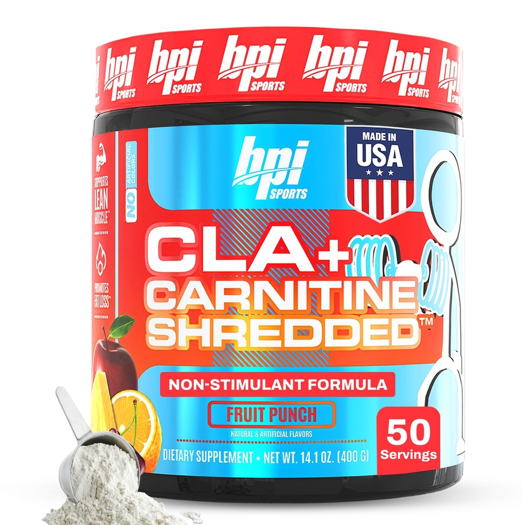 BPI Sports CLA + Carnitine Shredded - Convertir les cellules graisseuses en énergie et soutient le muscle maigre, stimuler le métabolisme - Supplément L-Carnitine non stimulant - Punch aux fruits (14.1 oz. / 50 portions)