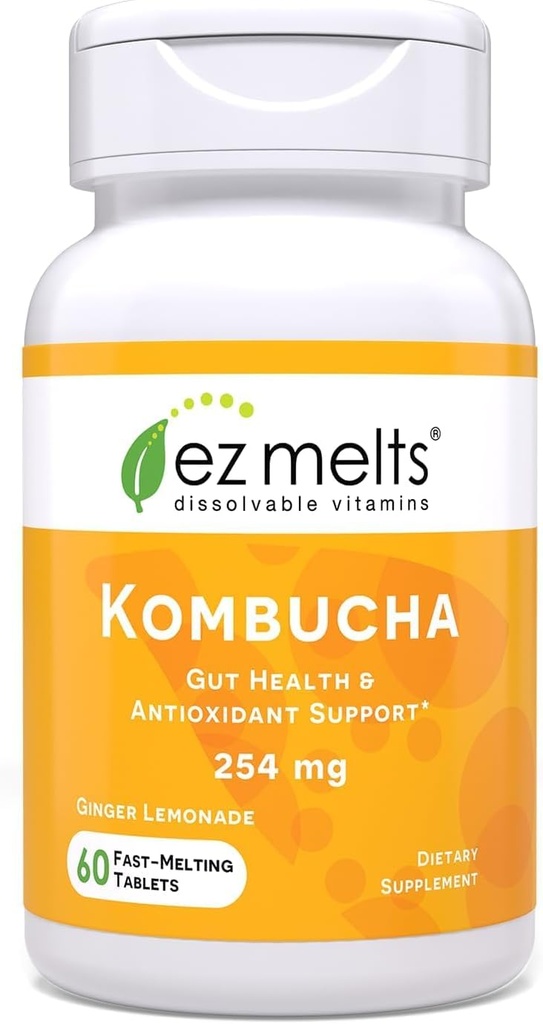 EZ Melts Dissolvable Sugar-Free Kombucha Tablets mit SCOBY & Apple Cider Essig, Gut Health Supplements für Herren & Frauen, Ginger Lemonade Flavor, 2-Monat Supply - 1 Pack