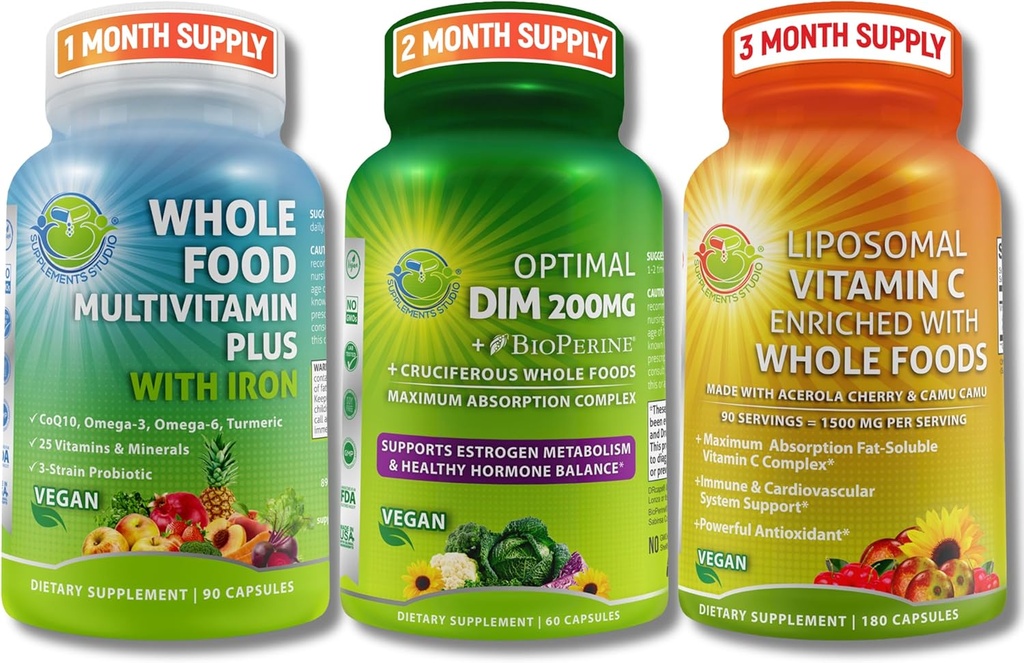 SUPPLEMENTS STUDIO Hormone Balance Support & Immune Defense Bundle for Men & Women - Optimal DIM 200mg + Whole Food Multivitamin with Iron + Liposomal Vitamin C 1500mg – Vegan, Non-GMO