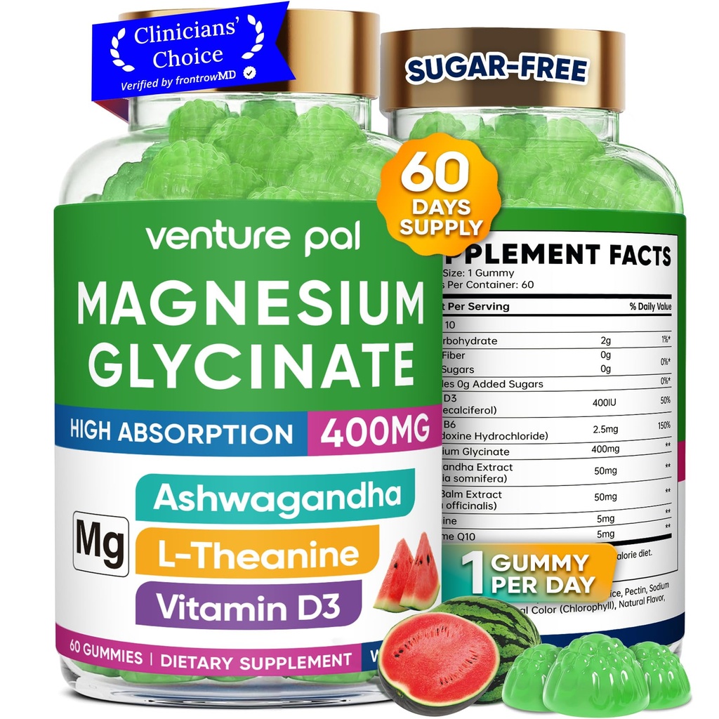 60 jours d'approvisionnement Magnésium Glycinat 400mg Gommies avec Ashwagandha, L-Theanine, CoQ10, Vitamine D3 & B6, sans sucre Gommies de magnésium pour adultes et enfants, soulagement du stress, sommeil et calme, végétalien, sans gluten