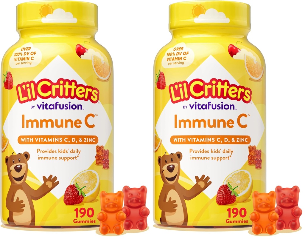 L’il Critters Immune C Daily Gummy Supplement Vitamin für Kinder, für Vitamin C, D und Zink für Immununterstützung, Orange, Zitronen und Kirschen Flavors, 190 Gummies (Pack von 2)