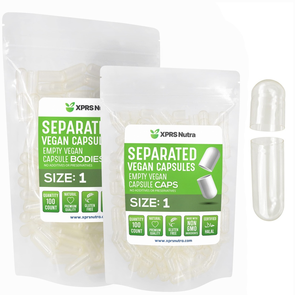 XPRS Nutra Vegan Taille 1 Capsules séparées - 100 Compter Effacer Capsules vides Premium Séparées dans des sacs - Pills 1 Vide pour le remplissage supplémentaire de bricolage
