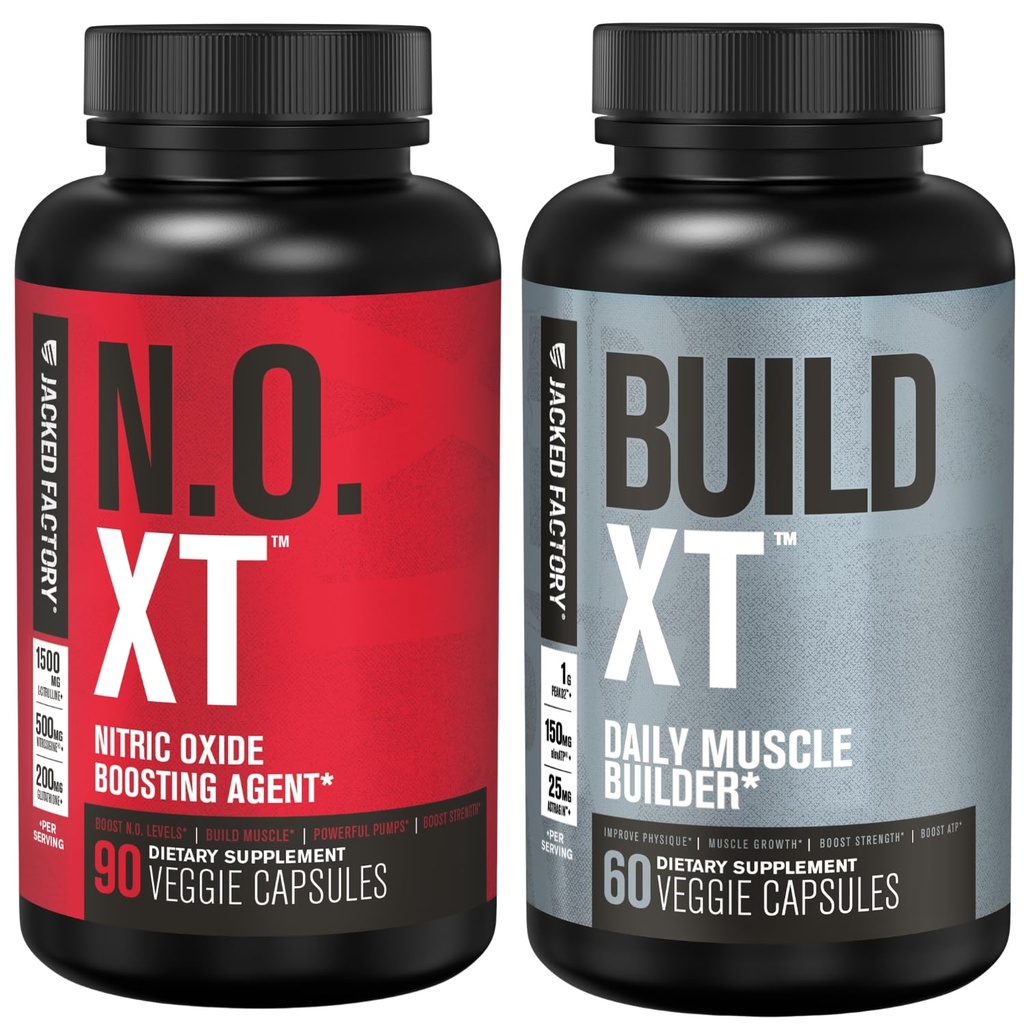 Jacked Factory Muscle Builder Supplement Stack - Build-XT Muscle Builder & N.O. XT Nitric Oxid Boosting Agent für Dual Support (30 Tage Versorgung)