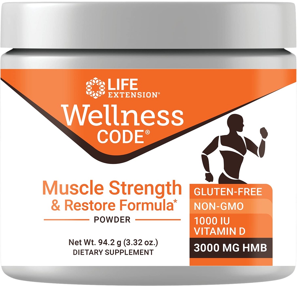 Prolongation de vie Wellness Code® Muscle Strength & Restore Formula, Vitamine D3, ß-Hydroxy-ß-méthylbutyrate Monohydrate (HMB), Santé musculaire, Sans gluten, Non-OGM, 94,2 g