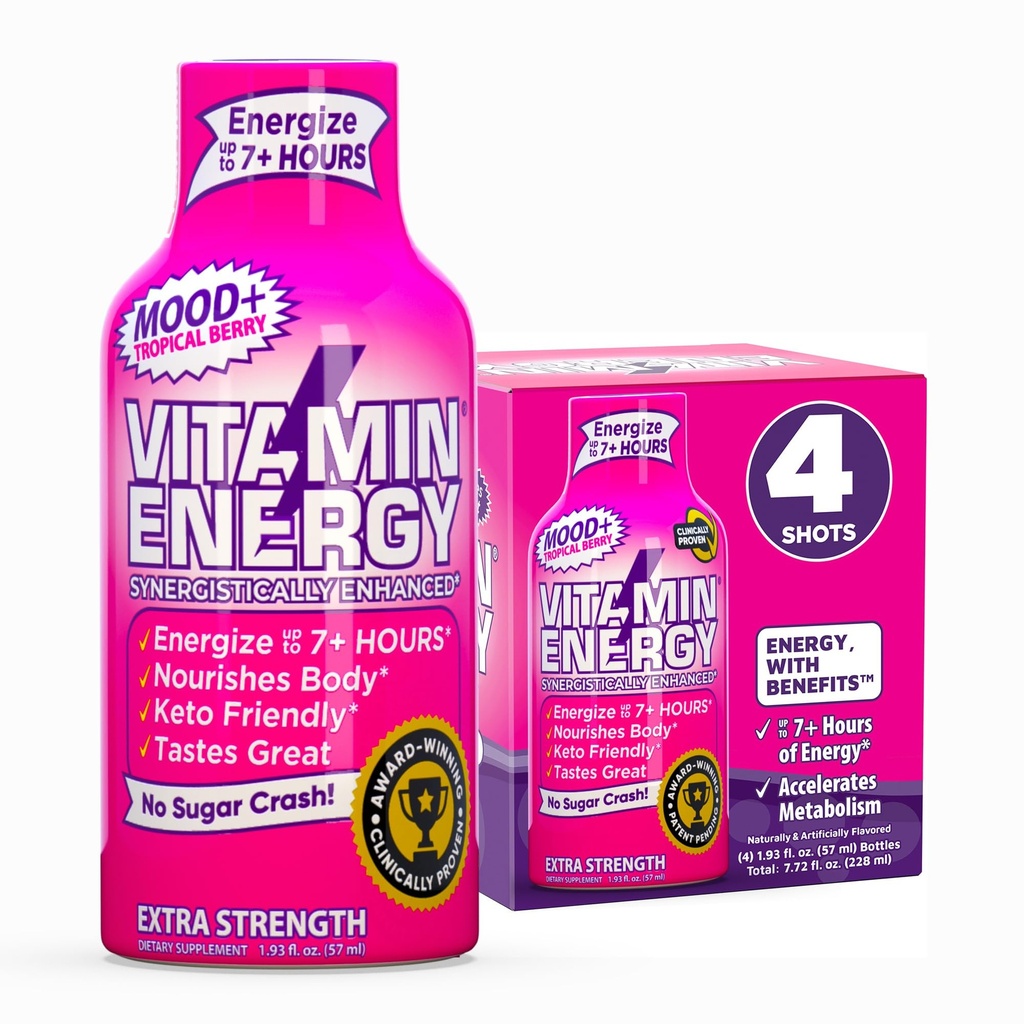 Vitamine Energy Mood+ Extra Strength Energy Shot Tropical Berry 4 Pack, 260mg Caféine naturelle, B-Vitamines, Rhodiola, Camomille, Mood & Energy Support, Zéro sucre, Sans gluten, Vegan, 1.93 fl oz