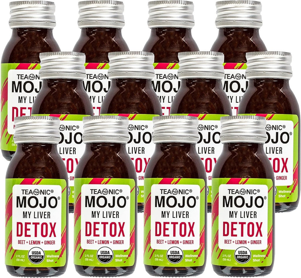 TEAON My Liver Mojo: Detox, Wellness Mojo Schüsse mit schwarzem Pfeffer, Rübe und Zitronensaft, USDA-zertifiziert, Koffeinfrei, Glutenfrei, 2 Fl. Oz Jeder, Packung von 12