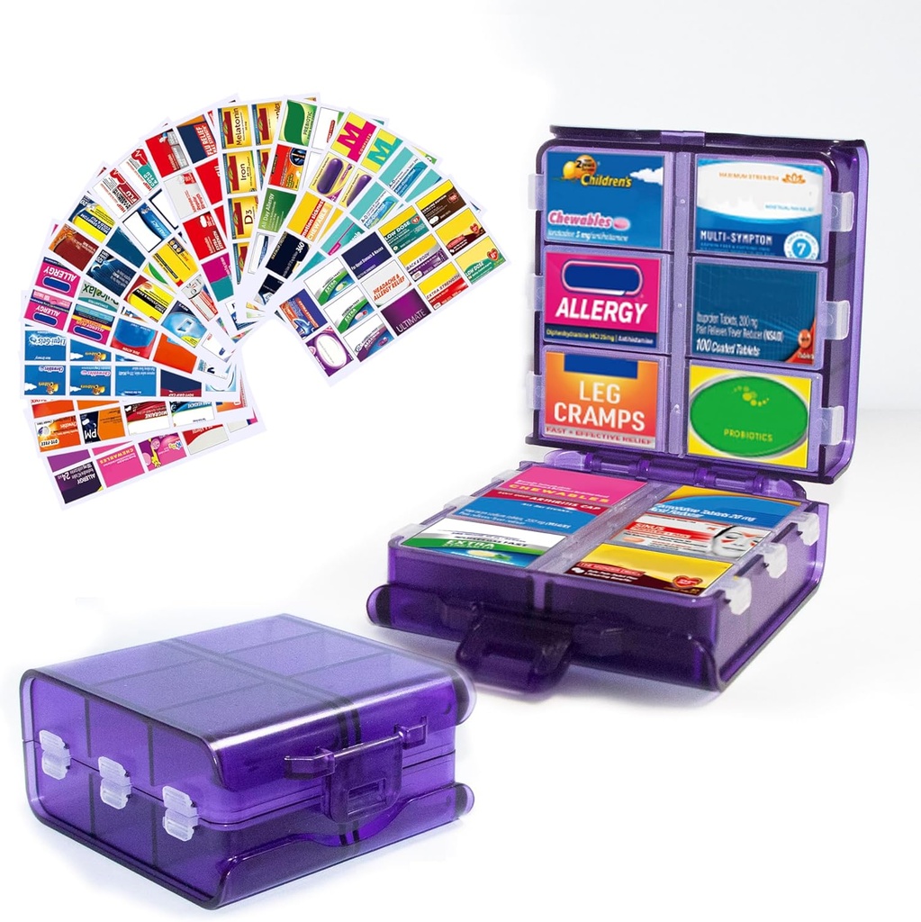Große Pille Organizer mit Medizin Etiketten, Pill Dispenser 12-Compartment Reise-Medikament-Storage-Gehäuse, 7-Day Pillen-Box für Vitamine und Ergänzungen (Purple, 161 Labels)