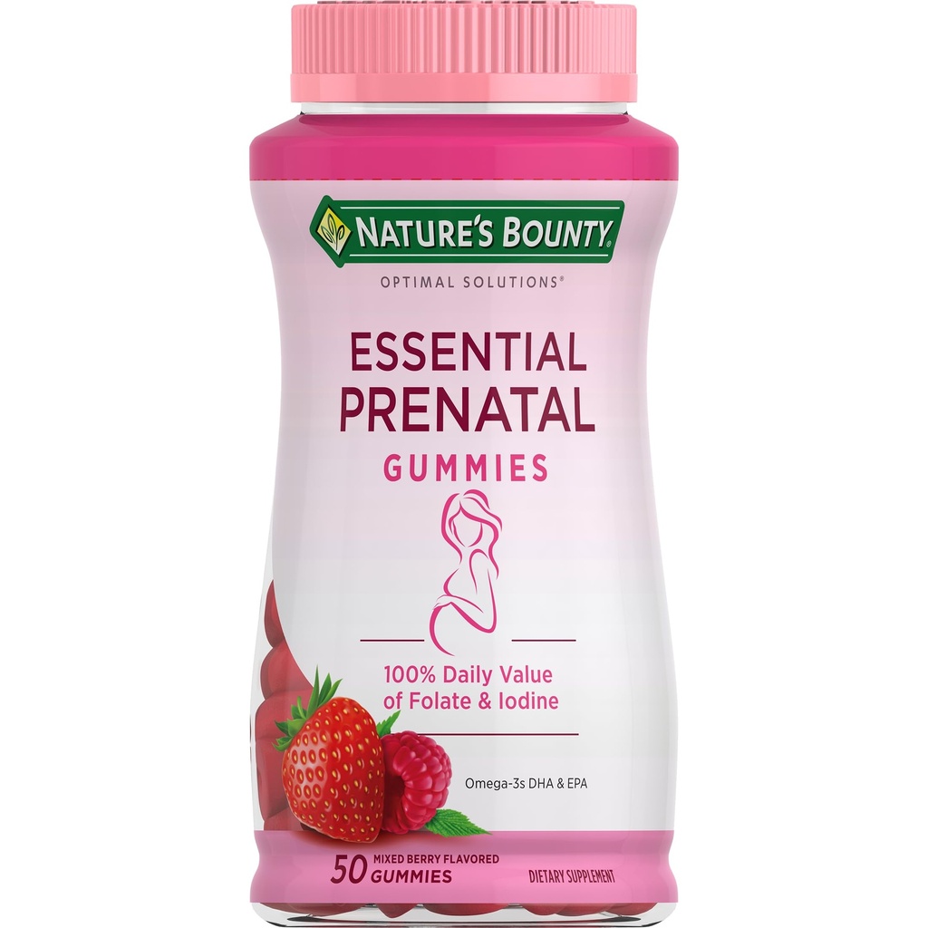 Nature's Bounty Solutions optimales Gummies prénatales essentielles, acide folique et iode, Oméga 3 et DHA, 50 Nombre, 25 Total des services