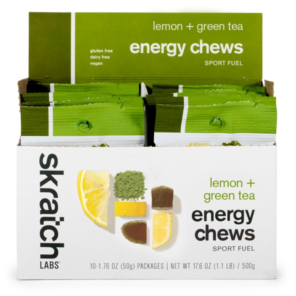 Schkrats Energy Chews | Gummi für Laufen, Radfahren und Sport-Performance | Gel Alternative | Matcha + Lemon (10 Pack) | Glutenfrei, Vegan