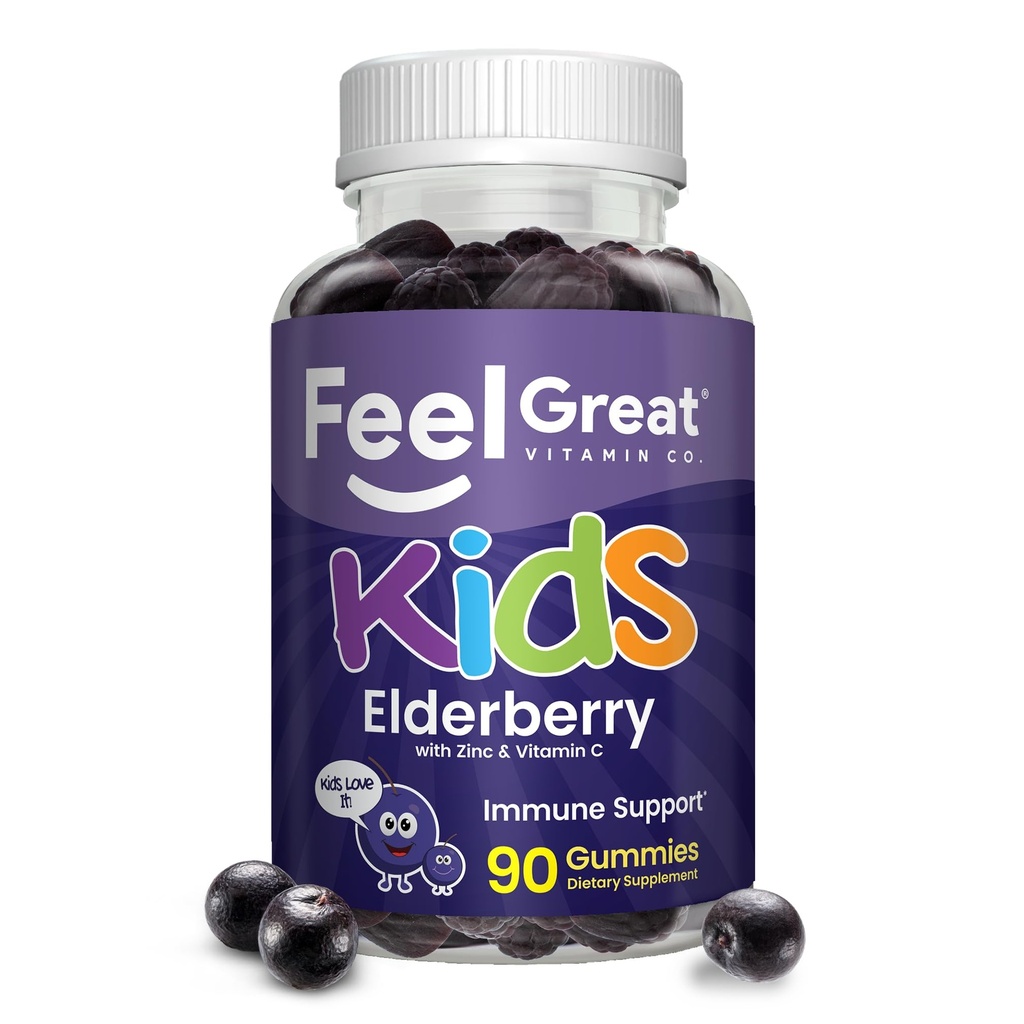 Feel Great Vitamin Co. Elderberry Gummis für Kinder | Immununterstützung | Natürliche Antioxidante Immun Booster | mit Vitamin C und Zink | Glutenfrei & Vegetarisch | 90 Gummis