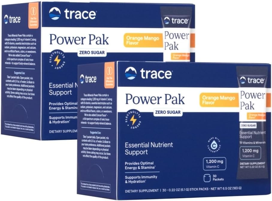 Trace Minerals Power Pak Multivitamin und Multimineral Packets - Elektrolytunterstützung - 1200 mg Vitamin C plus 70+ Trace Mineralstoffe - Zuckerfrei - Orange Mango Flavor - 60 Packungen