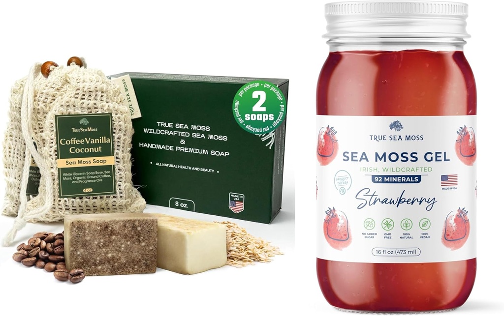 TrueSeaMoss Sea Moss Seife Kaffee Vanille Kakao &amp; Haferflocken & Erdbeere Meer Moss Gel