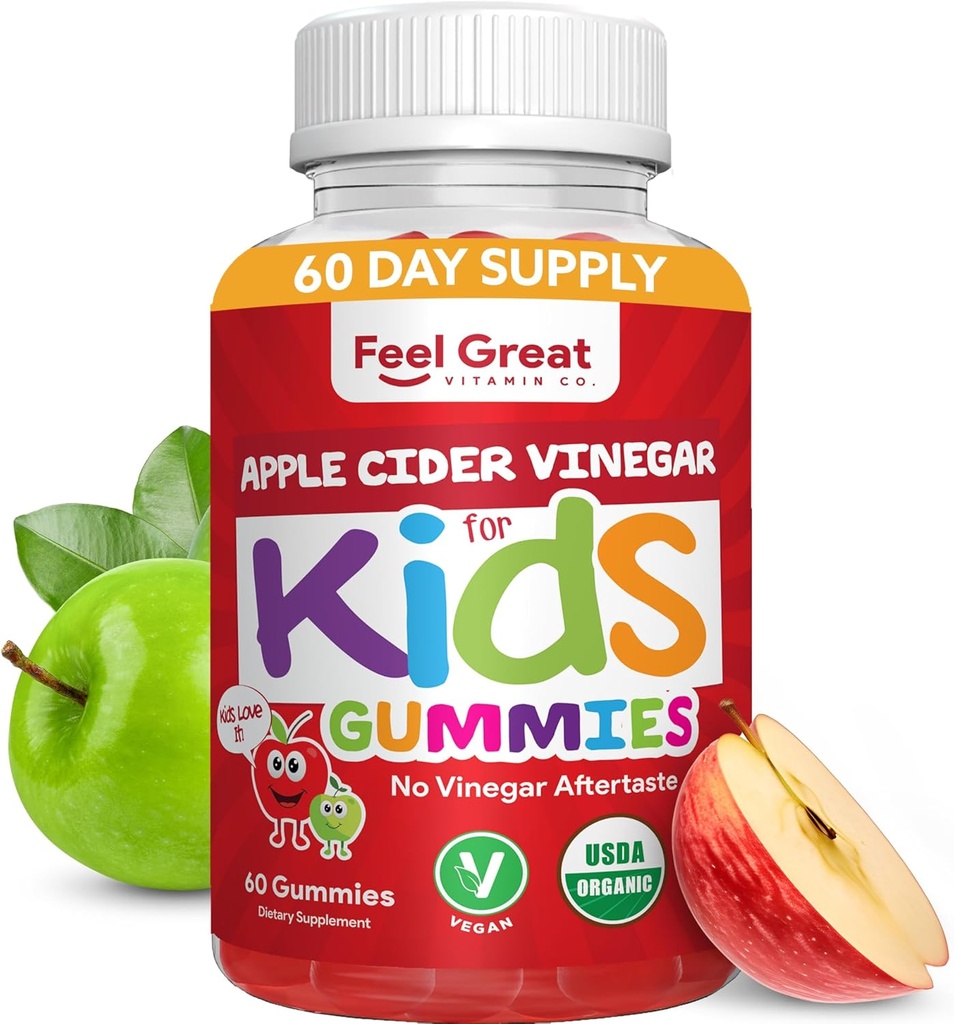 Organic Kids Apple Cider Vinegar Gummies by Feel Great Vitamins | Rich in Digestive Enzymes & Natural Antioxidants for Gut Health | Kids Gummy Supports Healthy Nutrient Absorption | 60 Day Supply