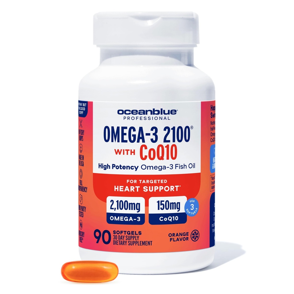 Oceanblue Omega 3 2100 avec CoQ10 de l'huile de poisson Triple Strength Supplément Combo de 1350MG EPA 650MG DHA 150MG DPA avec 150MG CoQ10 de l'huile d'orange support cardiaque 90 Softgels