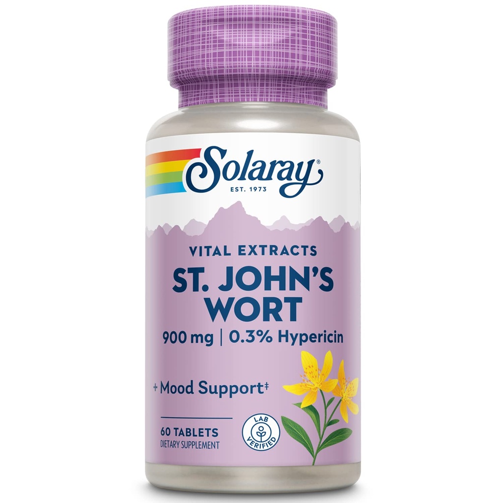 SOLARAY St. Johns Wort Aerial Extract One Daily 900mg, Standardisiert w/ 0.3% Hypericin für Mood Stability & Brain Health Support, Non-GMO |60 Servietten | 60 Tabletten