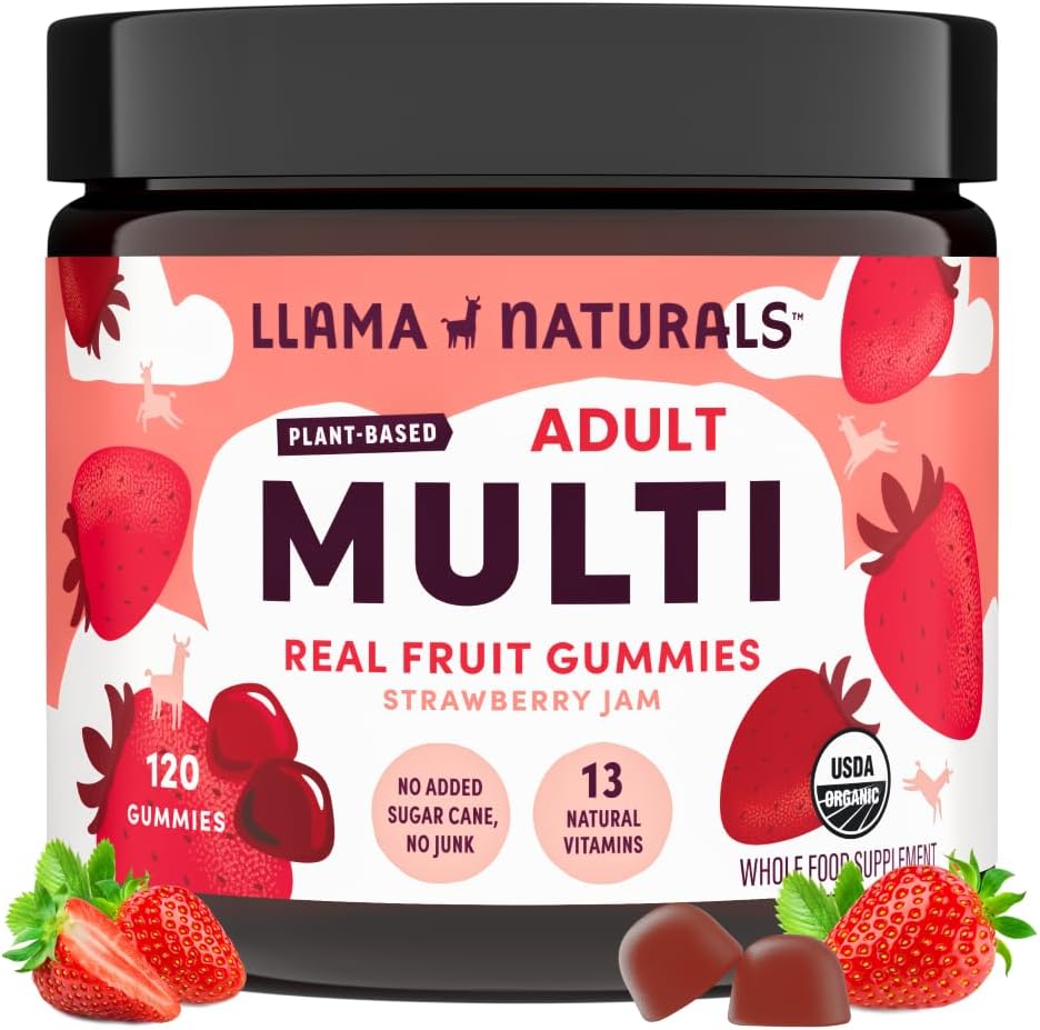 Lama Naturals Multivitamine pour les femmes et les hommes, Végétaliens, Gommies organiques avec vitamine D, C & K, Adultes Vitamines Gommy de fruits réels, Supplément de multivitamines à croquer, Pas d'ajout de canne à sucre, Fraise, 120 Ct