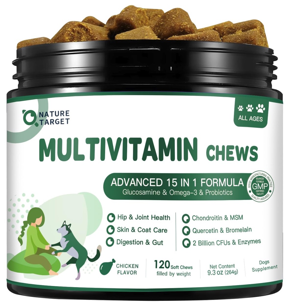 NATURE TARGET Multivitamine pour chiens - avec MSM & Glucosamine, Omégas 3 & 6, Probiotiques pour la santé digestive, soutien articulaire, peau et manteau, système immunitaire et santé globale 120 Chews doux