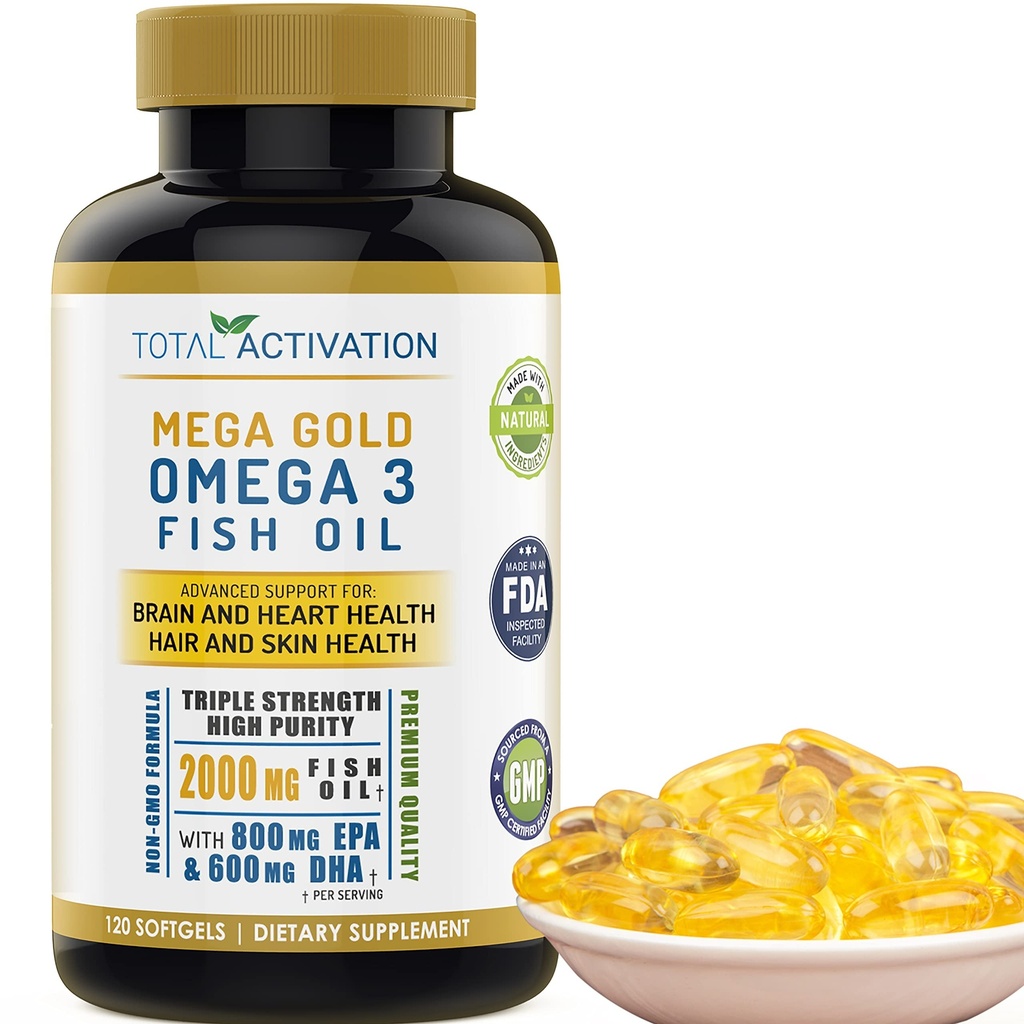 Omega 3 Fish Oil Supplement – 2000mg mit EPA DHA & Vitamin E – Burpless, Triple Strength Support für Männer & Frauen – 120 Easy Swallow Softgels
