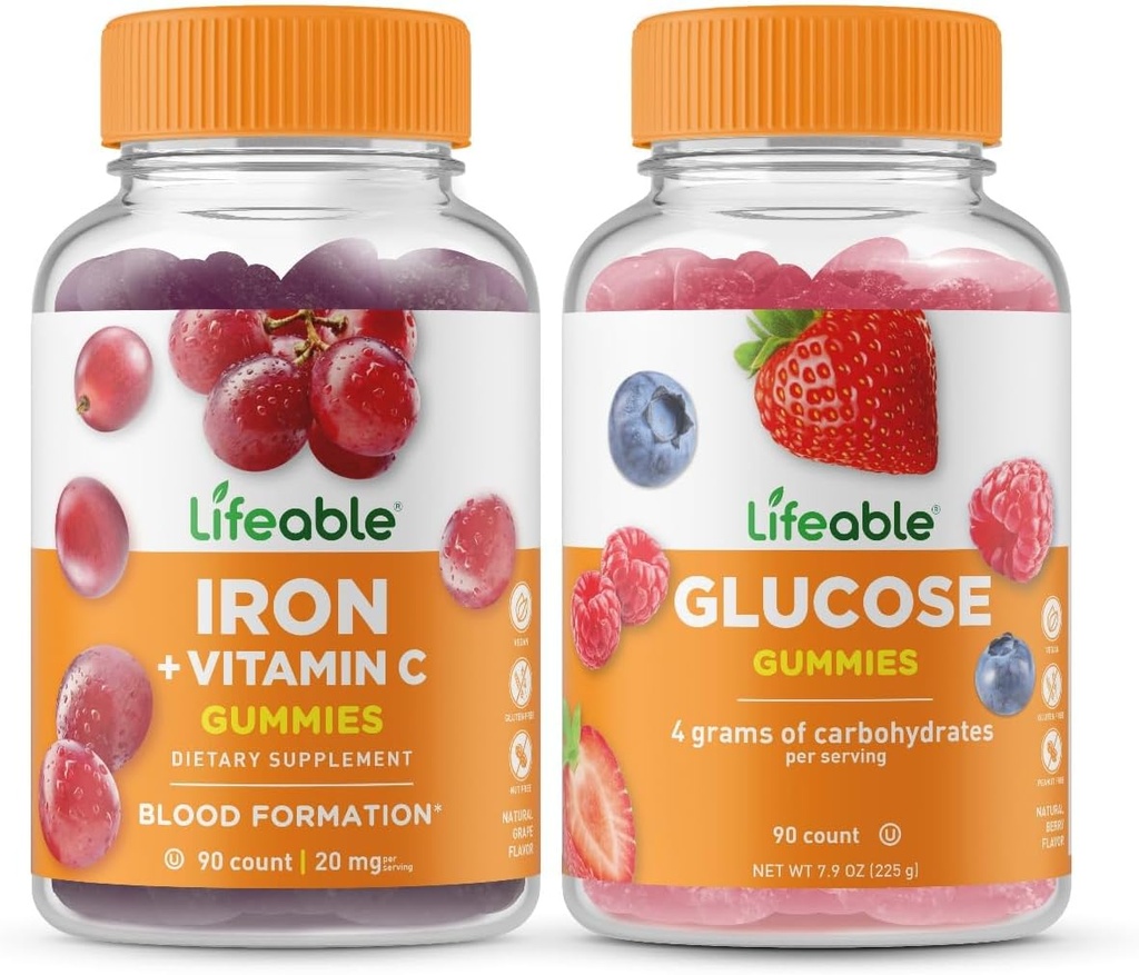 Lebensfähiges Eisen mit Vitamin C + Glucose, Gummis Bundle - Große Verkostung, Vitamin-Ergänzung, Glutenfrei, GVOfrei, Kaugummi
