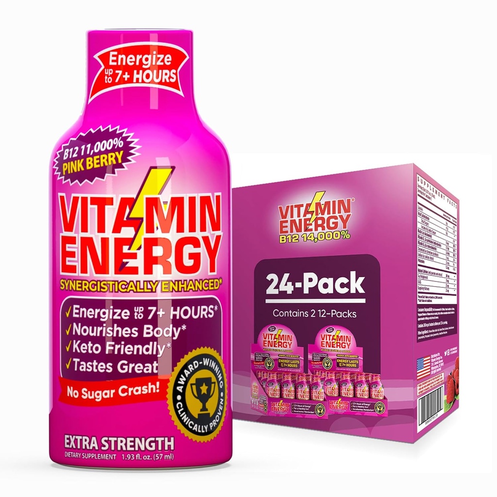 Vitamin Energy B12 11.000% Extra Strength Energy Shot Pink Berry 24 Pack, 260mg Natural Caffeine, B12 & B6, Nootropic Focus, Vitality, Zero Sugar, Gluten-Free, Vegan, Kosher, 1.93 fl oz