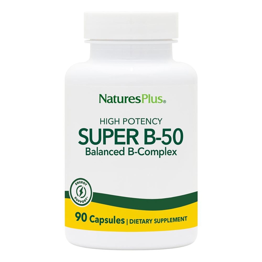 Natures Plus Super B50-90 Vegetarische Kapseln - High Potency B Complex Vitamin Supplement - Brain & Energy Booster - Glutenfrei - 90 Portionen