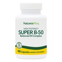 Natures Plus Super B50-90 Vegetarische Kapseln - High Potency B Complex Vitamin Supplement - Brain & Energy Booster - Glutenfrei - 90 Portionen