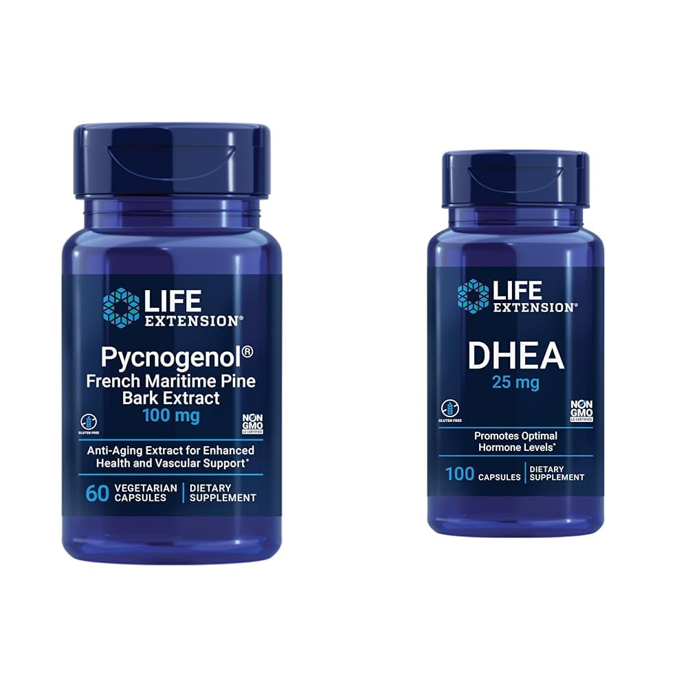 Life Extension French Maritime Pine Bark Extract mit DHEA Hormon Balance - 60 Kapseln Pycnogenol & 100 Kapseln DHEA 25mg