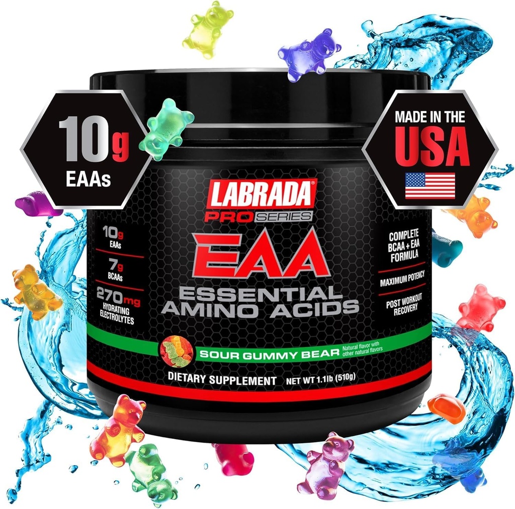 Labrada Pro Serie EAA Maximum Potency Essential Amino Acid Hydrating Formel mit BCAAs & Elecrolytes Erholung und Leistung (Sour Gummy Bear)