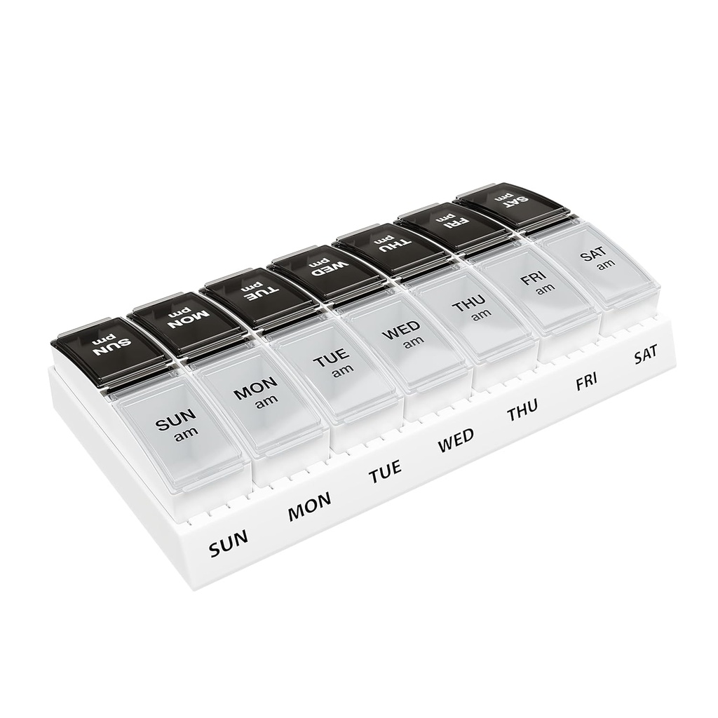 EZY DOSE Weekly (7-Day) Daily AM/PM Pill Case, planificateur de médecine, organisateur de vitamines, contenant de supplément, petits compartiments pop-out, conçu pour les voyages, 2 fois par jour, noir et clair