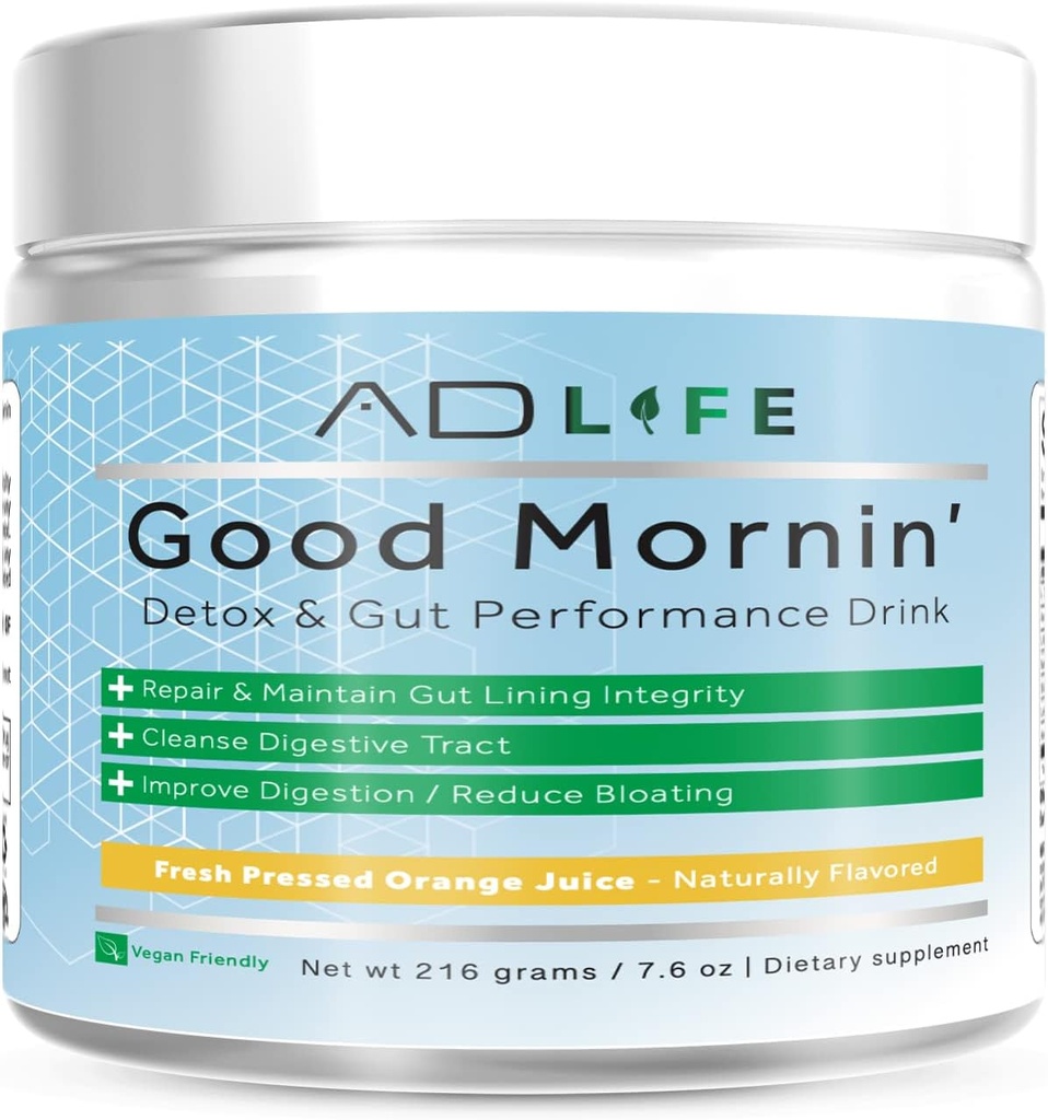 Projet AD Life Détox Good Morning et boisson de performance, naturellement aromatisé et formulé avec de la L-GLutamine, vinaigre de cidre de pomme et Aloe Vera (24 portions, jus d'orange pressé frais)