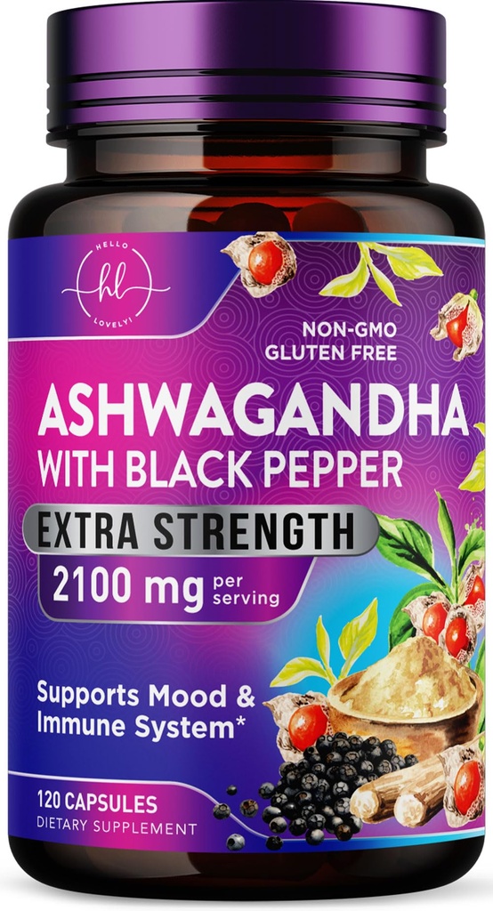 Ashwagandha 2,100 mg - Ashwagandha Ergänzungen für Frauen in Veggie Kapseln mit Pulver- und Root-Extrakt, Schwarzer Pfeffer für hohe Absorption, Pflanzenbasiert, Non-GMO, Bottled in den USA - 120 Veggie Kapseln