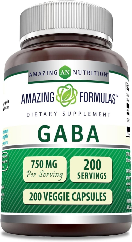 Amazing Formulas GABA 750mg Per Serving Veggie Capsules Supplement | Non-GMO | Gluten Free | Made in USA | Ideal for Vegetarians (200 Count)