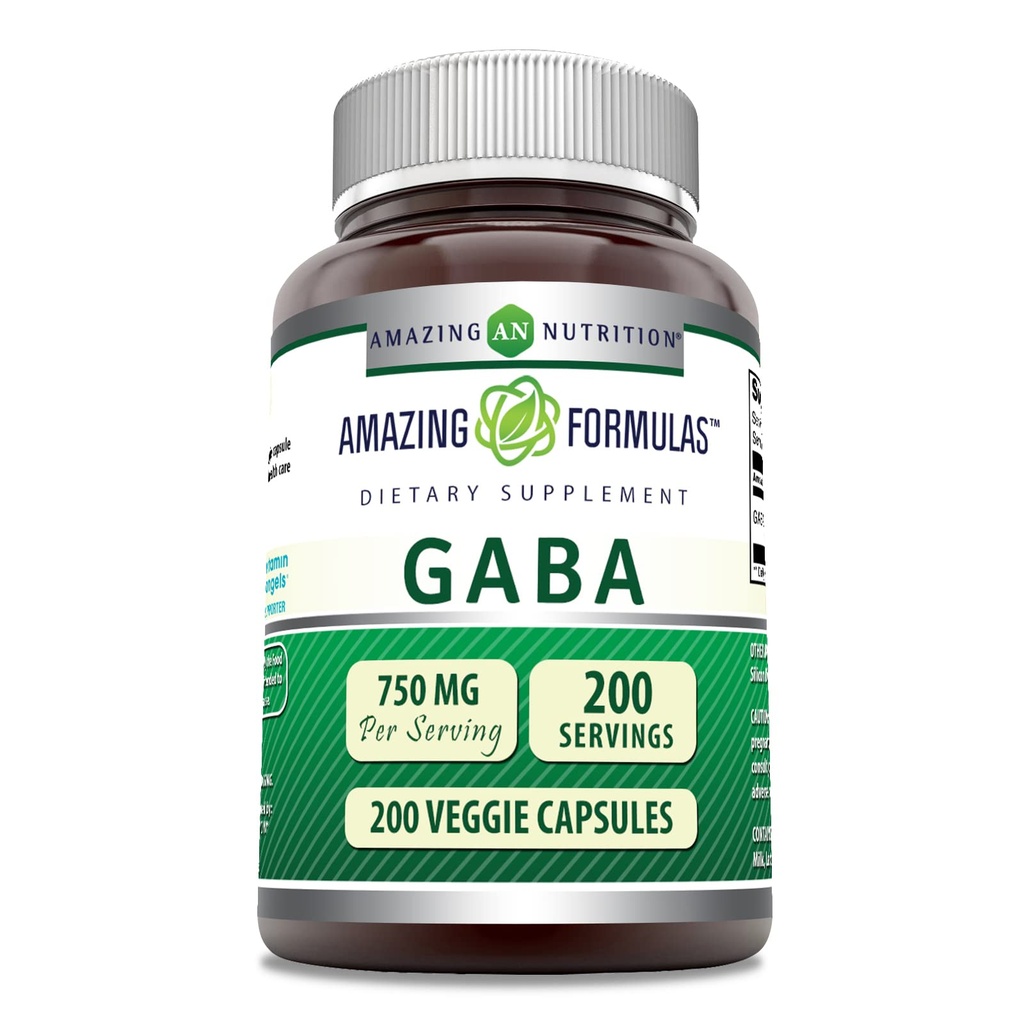 Formules étonnantes GABA 750mg Par Serving Capsules Véggie Supplément de GMO (sans gluten) Fabriqué aux États-Unis