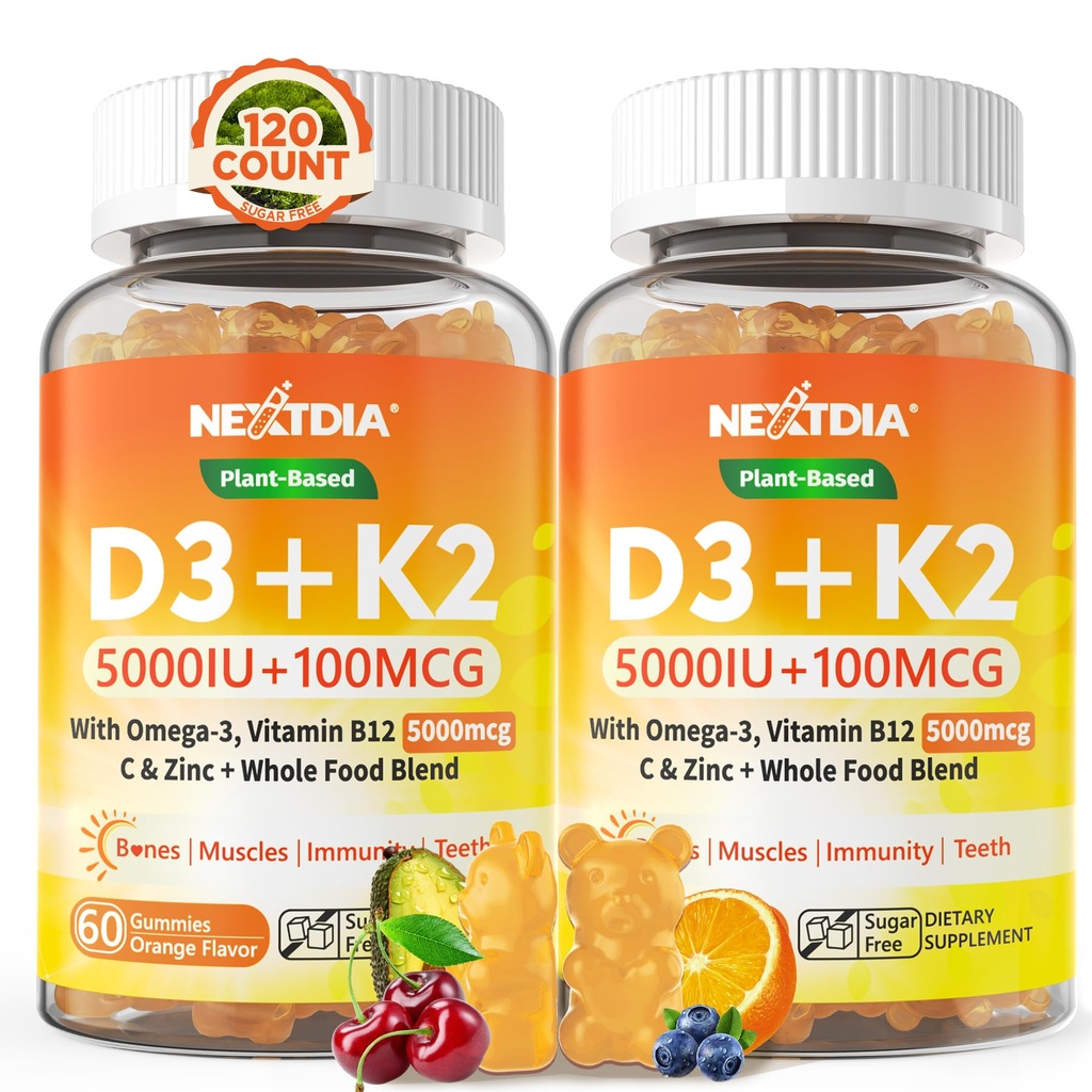 Vitamin D3 K2 Gummies 5000IU / 10.000 IU mit Omega-3 250mg + K2 (MK-7) 100mcg - 5X Absorption als Standard D3K2,mit Vitamin C, Zink und 5 Bio-Gemüse, unterstützt Knochen & Zähne Stärke, Immune