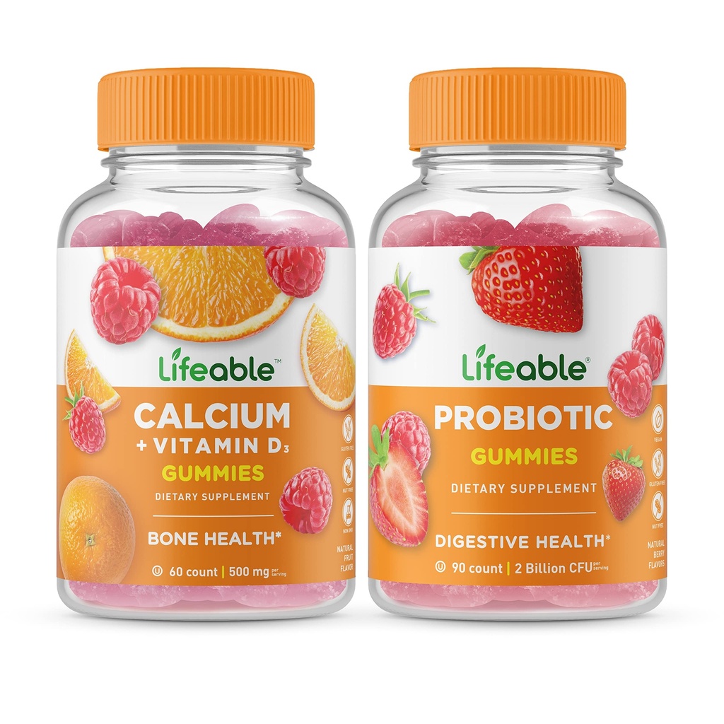 Lebensfähiges Kalzium mit Vitamin D + Probiotic 2 Billion CFU, Gummies Bundle - Große Verkostung, Vitaminergänzung, Glutenfrei, GMO frei, Kaubar
