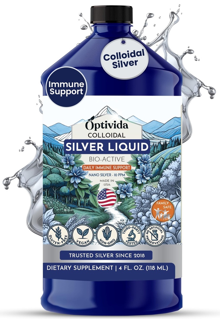Optivida Health Colloidal Silver Liquid (32 oz) – Supplément colloidal Nano Silver Premium pour le bien-être quotidien et le soutien immunitaire, hydrosol liquide naturel pour adultes et enfants, sans OGM, sans gluten