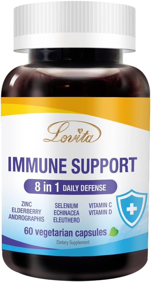 Lovita Immununterstützung 8 in 1, Elderberry mit Zink und Vitamin C, Vitamin D, Selenium & Echinacea, Andrographis, Sibirische Ginseng - Immune Booster Supplement, 60 vegetarische Kapseln