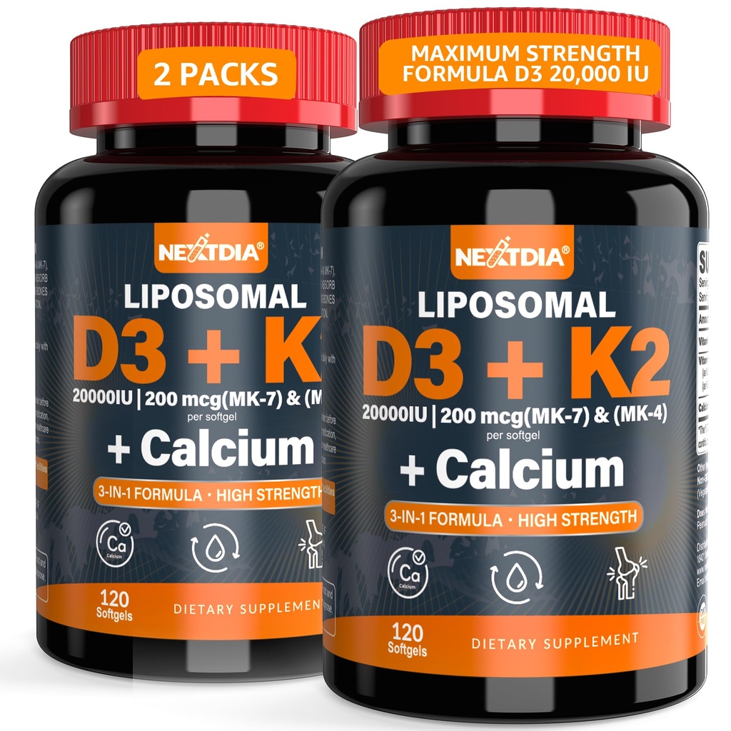 Vitamin D3 20.000 IU + K2 Vitamin (MK4 & MK7) 200mcg + Calcium-Zitrat, Optimales Vitamin D3 K2 Softgel - Starker Knochen & Muskel, Calcium-Absorption, Helfende Vitamin D Defizite, leicht zu schlucken, 2Pack